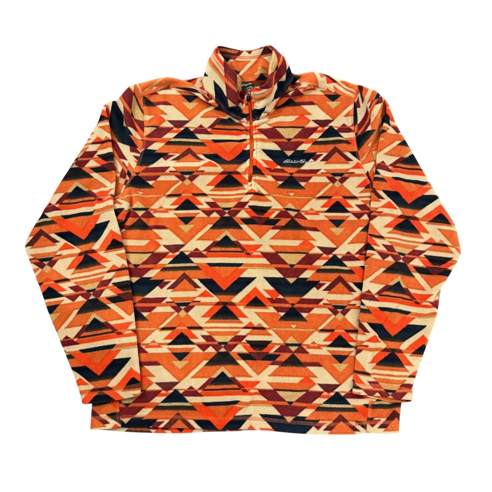 Eddie Bauer Mens XL Fleece Quarter Zip Pullover Orange Aztec Geometric Print